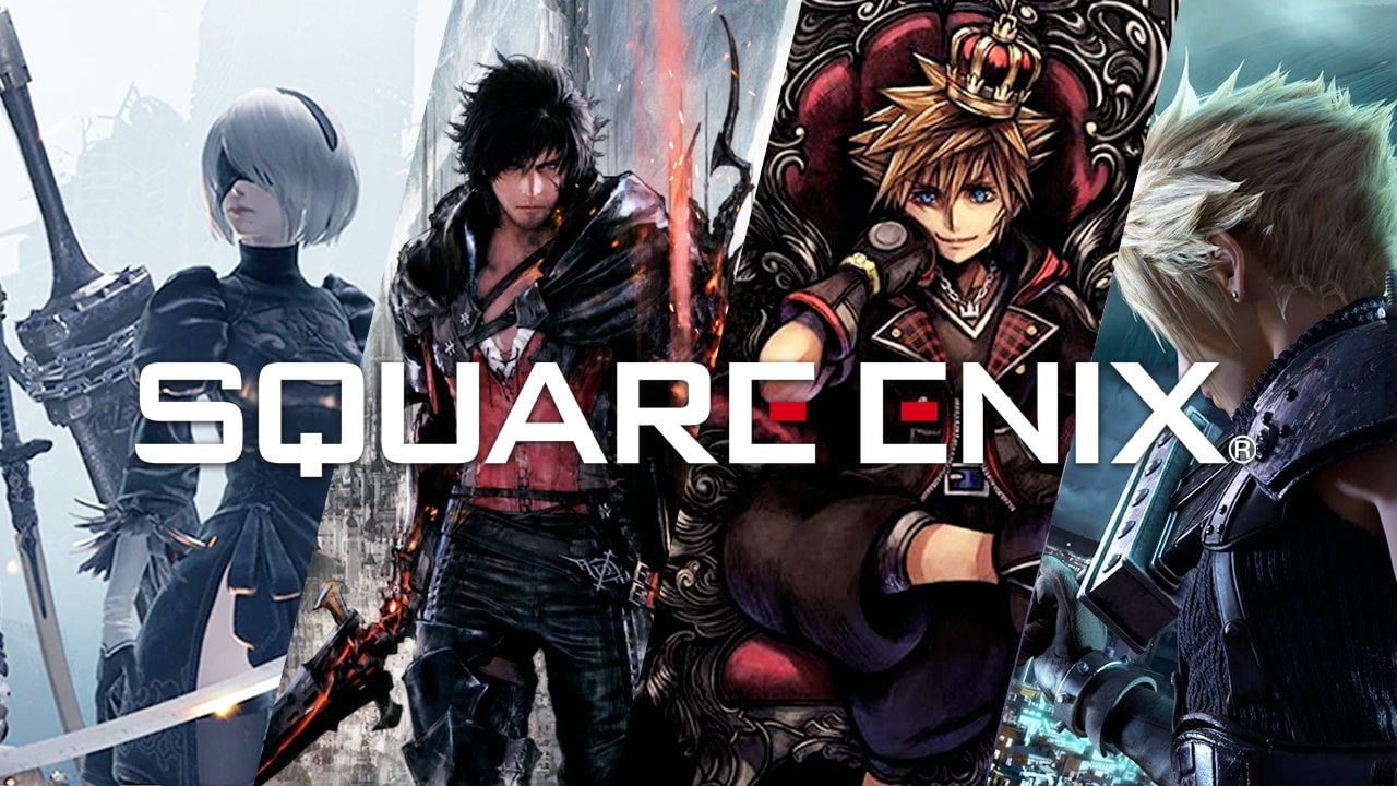 Logo Square Enix sur des héros de NieR, Final Fantasy XVI, Kingdom Hearts et Final Fantasy VII