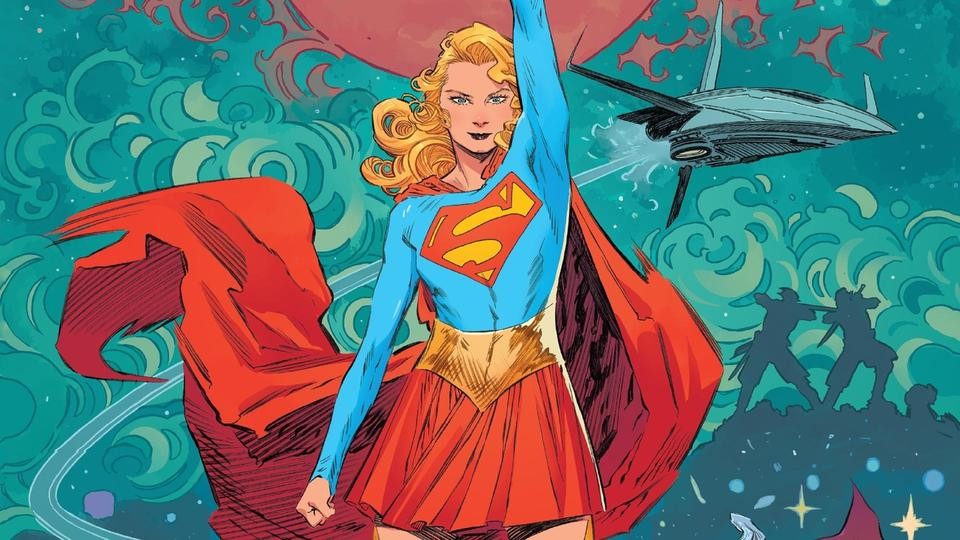 Illustration de comics&nbsp;: Supergirl, bras levé et cape rouge au vent