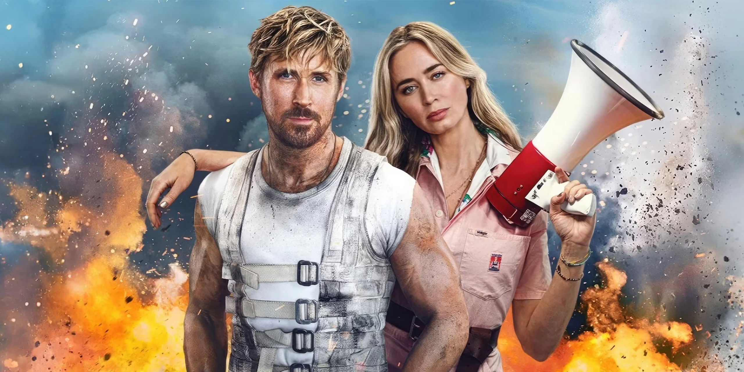Ryan Gosling et Emily Blunt posent devant des flammes, visuel de The Fall Guy