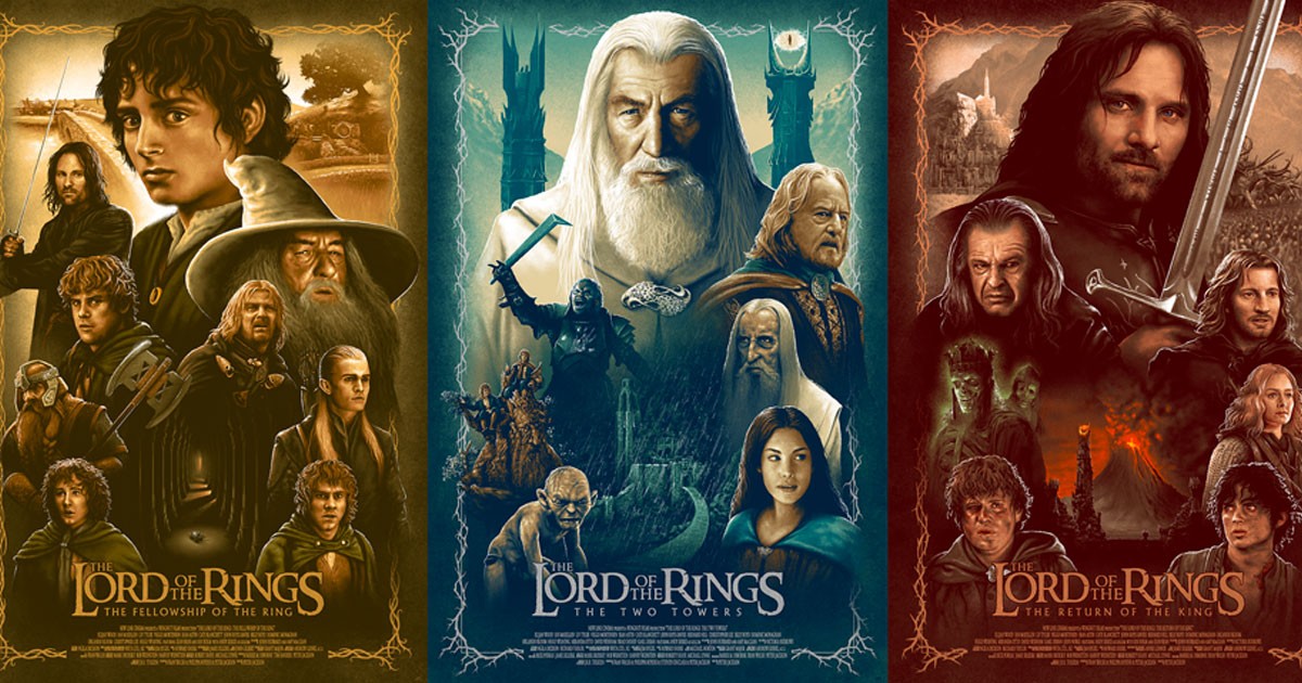Trois affiches illustrées de la trilogie Le Seigneur des Anneaux de Peter Jackson