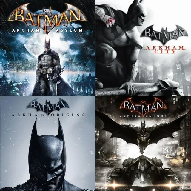 Jaquettes des quatre jeux Batman: Arkham&nbsp;: Asylum, City, Origins et Knight
