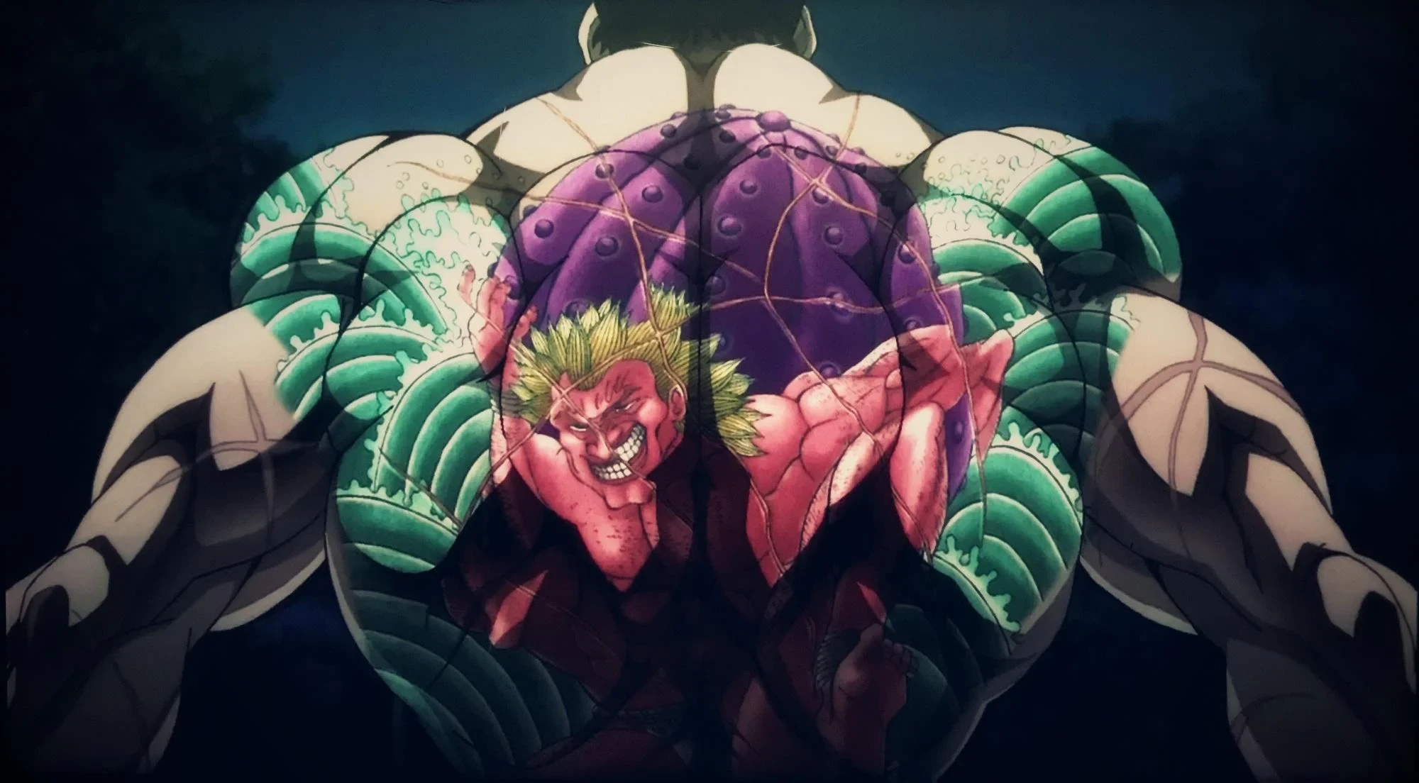 Dos musclé et tatoué d’un combattant de Baki, un visage grimaçant en surimpression