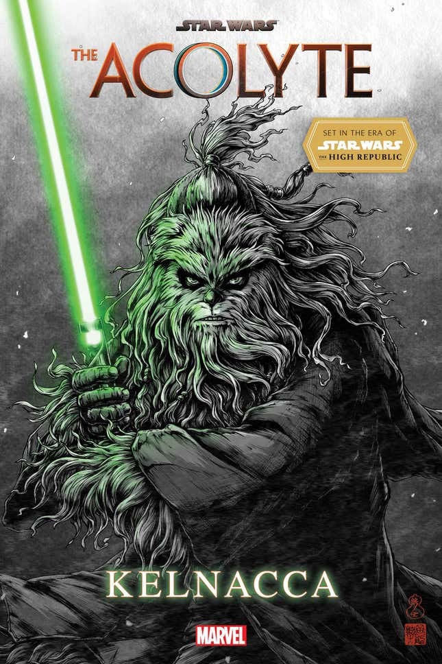 Couverture en noir et blanc de The Acolyte – Kelnacca, le wookiee tenant un sabre vert