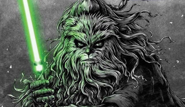 Kelnacca, Maître Jedi wookiee, brandit un sabre laser vert, dessiné en noir et blanc