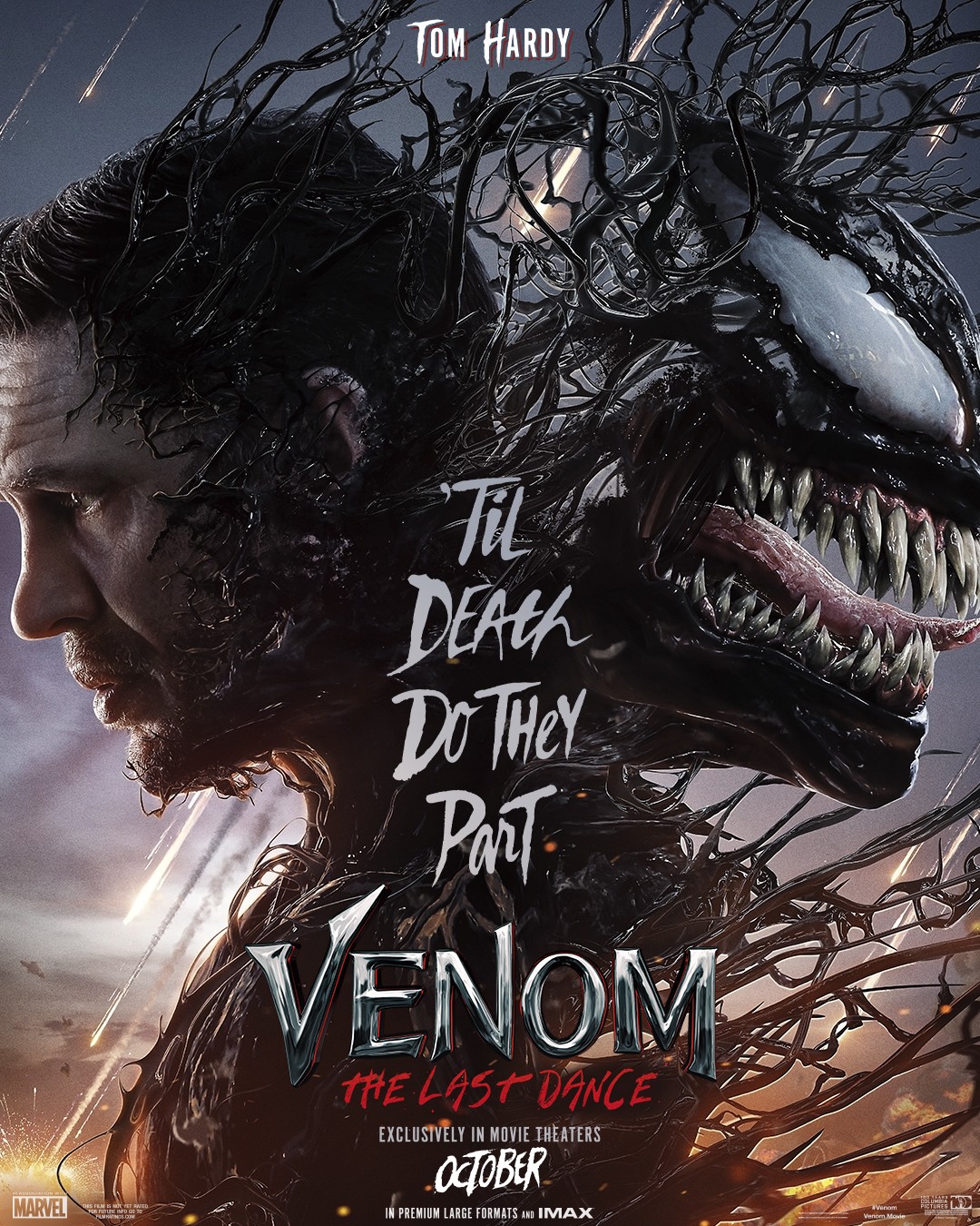 Affiche de Venom: The Last Dance&nbsp;: Eddie Brock de profil face à Venom, «&nbsp;&nbsp;’Til Death Do They Part&nbsp;&nbsp;»