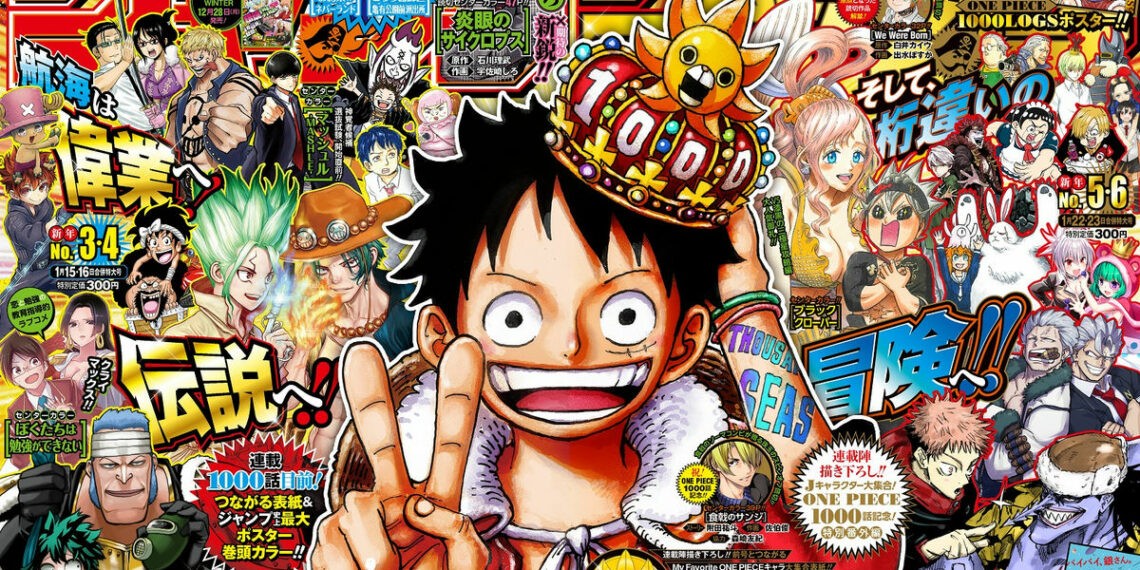 Couvertures liées du Weekly Shonen Jump&nbsp;: Luffy couronné d’un 1000, entouré des héros du magazine