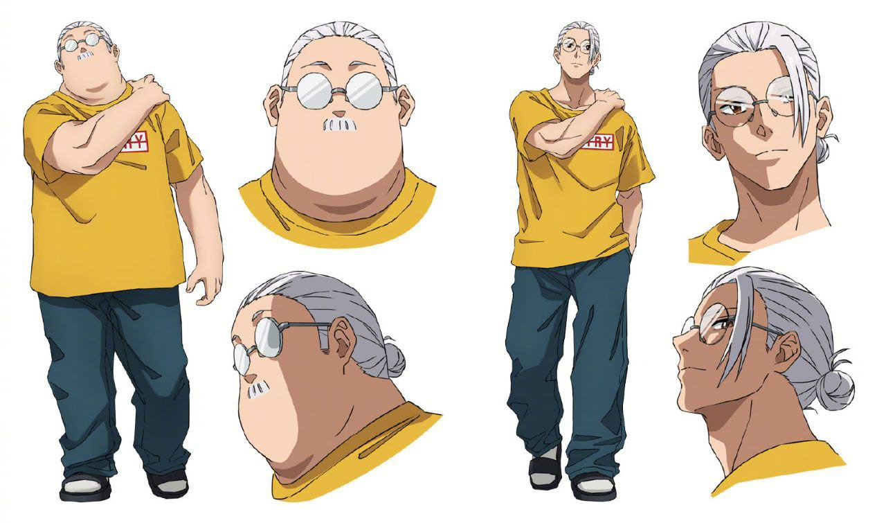 Chara-design de l’animé&nbsp;: Taro Sakamoto en version corpulente et en version affûtée