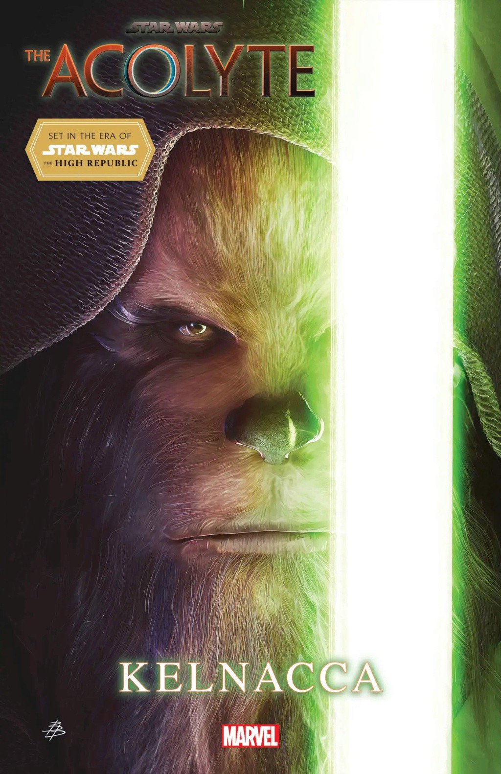 Couverture de The Acolyte – Kelnacca&nbsp;: le visage du wookiee sous sa capuche, éclairé par un sabre vert