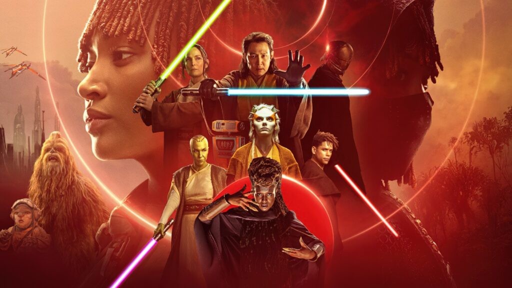 Affiche de The Acolyte&nbsp;: les personnages de la série et leurs sabres laser sur fond rouge