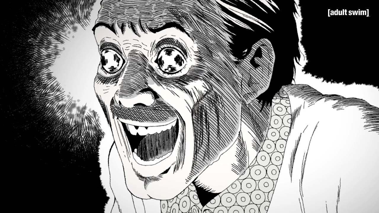 Capture de l’animé Uzumaki d’Adult Swim&nbsp;: un homme aux yeux en spirale, sourire halluciné
