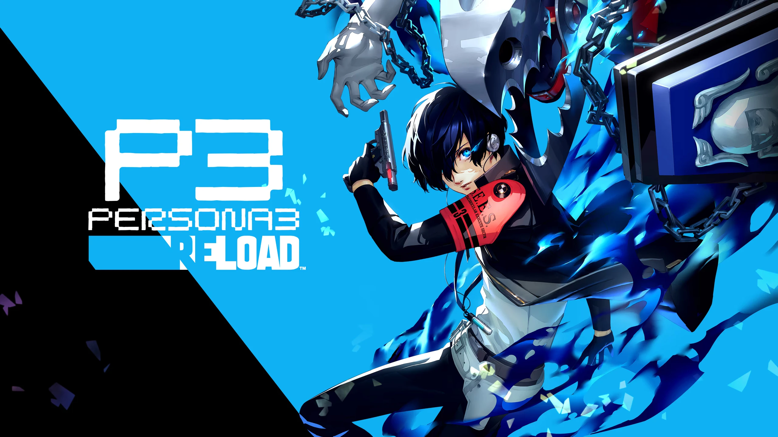 Visuel officiel de Persona 3 Reload&nbsp;: le héros aux cheveux bleus, pistolet en main, sur fond bleu