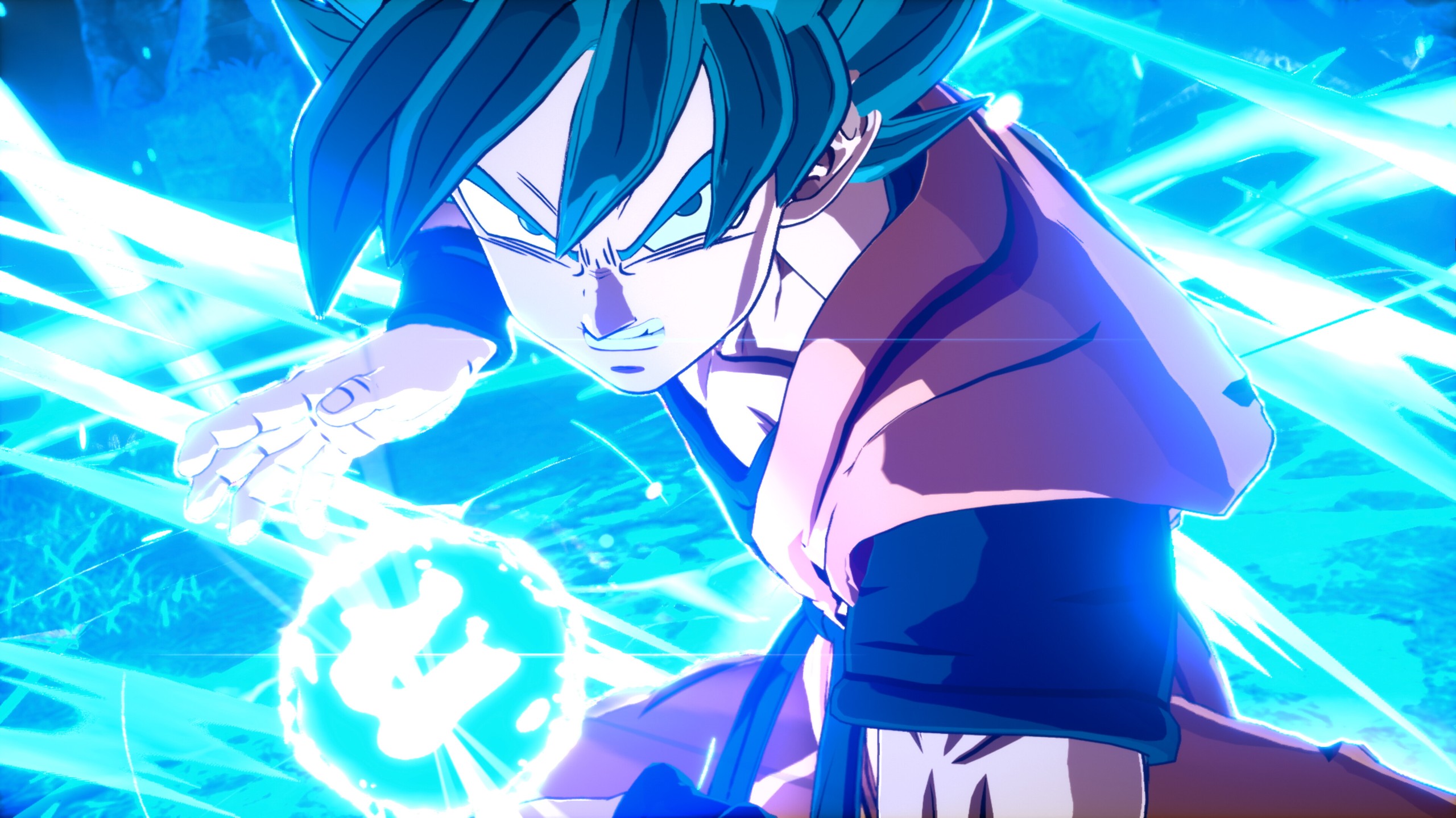 Goku Super Saiyan Blue prépare un Kamehameha dans une aura bleue