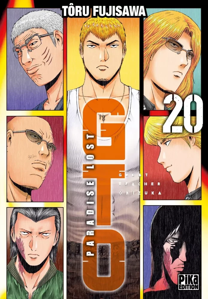 Couverture du tome 20 de GTO&nbsp;: Paradise Lost chez Pika&nbsp;: Onizuka entouré de six autres personnages