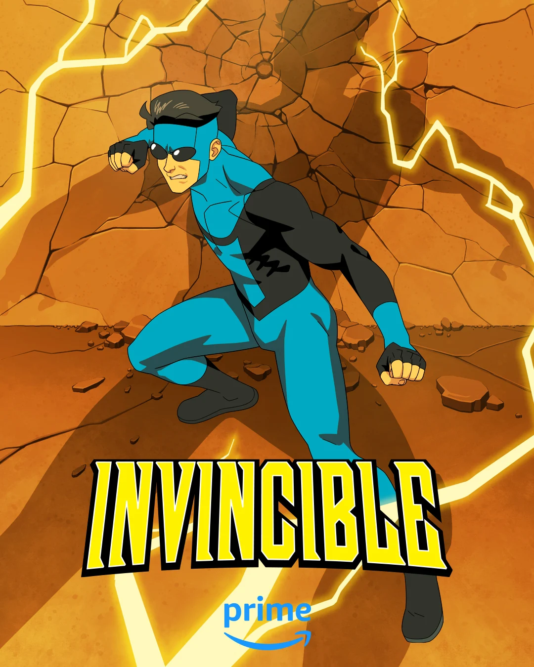 Affiche d’Invincible saison 3&nbsp;: Mark en costume bleu devant une roche fissurée, logo Prime