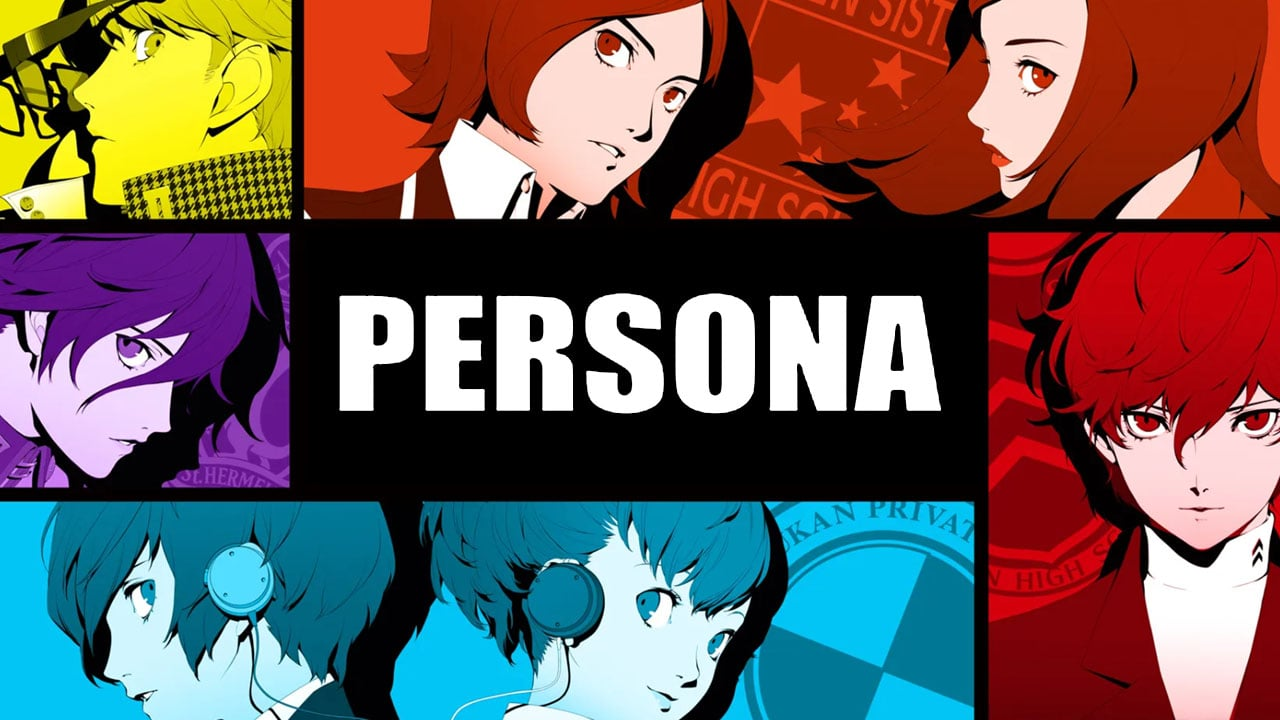Mosaïque de héros de la saga Persona autour du titre PERSONA