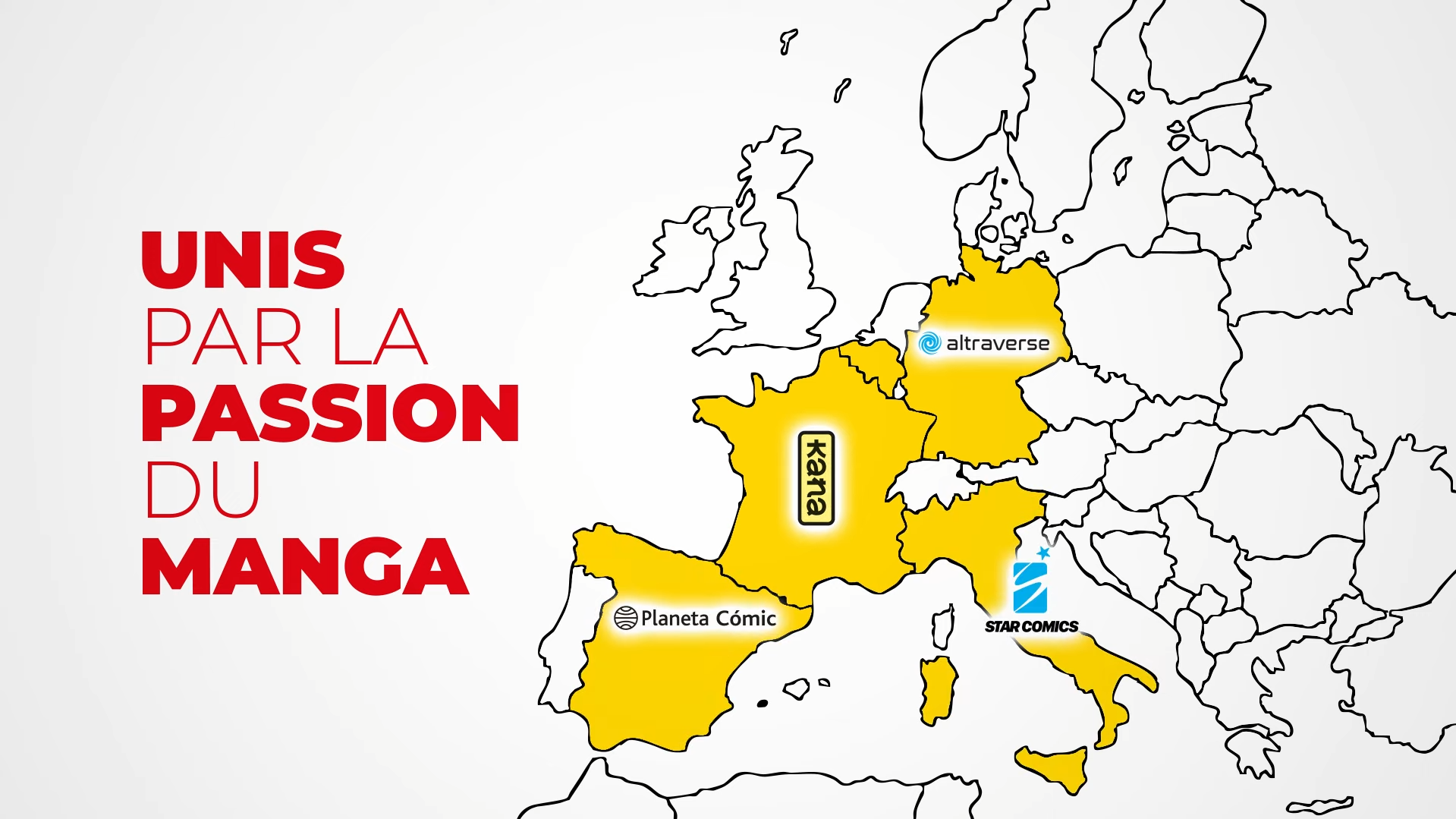 Carte de l’Europe «&nbsp;Unis par la passion du manga&nbsp;» avec les éditeurs Kana, Altraverse, Planeta Cómic et Star Comics