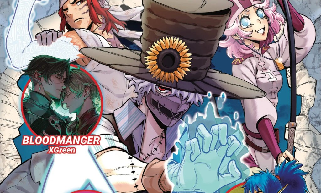 Détail de la couverture du n° 1 de Manga Issho&nbsp;: un épouvantail au chapeau orné d’un tournesol et une archère