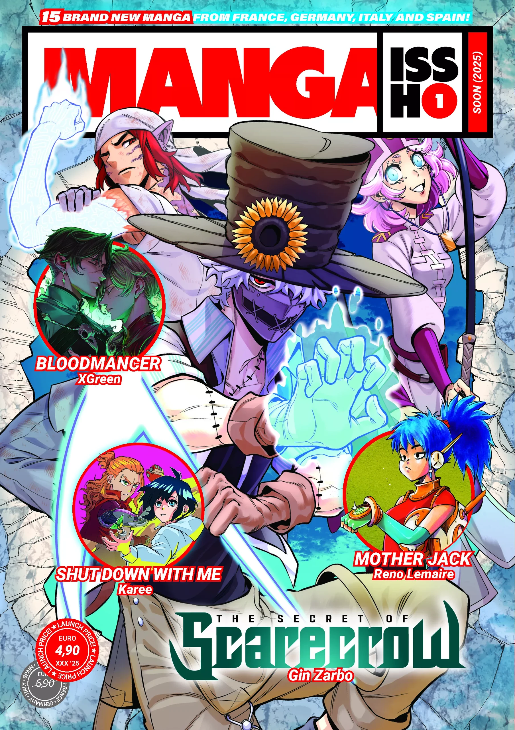 Couverture du n° 1 de Manga Issho à 4,90 €&nbsp;: The Secret of Scarecrow, Mother Jack, Bloodmancer, Shut Down With Me