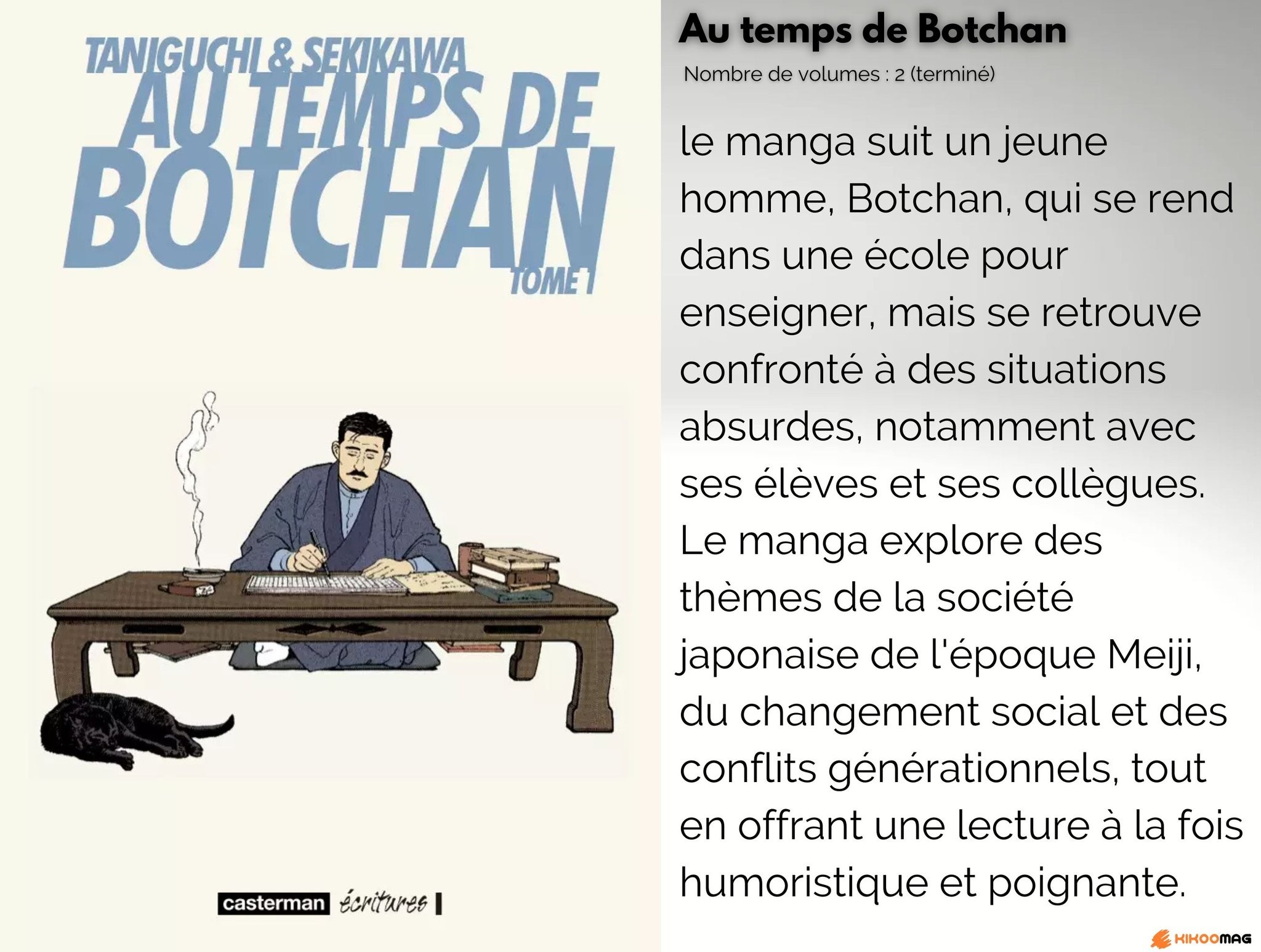 Couverture du tome 1 d’Au temps de Botchan chez Casterman, avec sa fiche&nbsp;: 2 volumes, terminé, et résumé