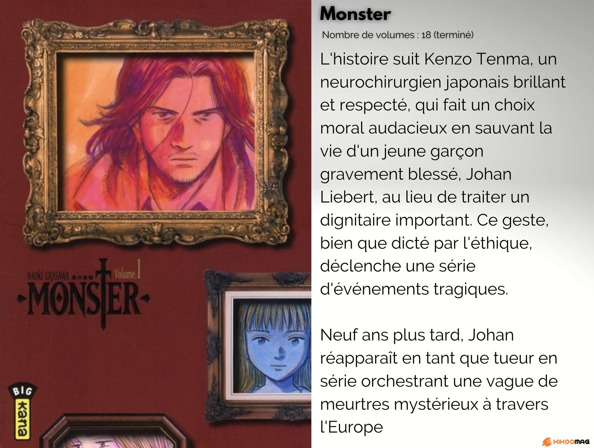 Couverture du volume 1 de Monster chez Kana, avec sa fiche&nbsp;: 18 volumes, terminé, et résumé