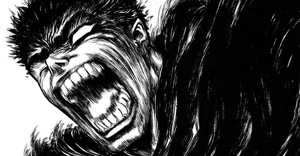Case de Berserk en noir et blanc&nbsp;: Guts hurle de rage, la bouche grande ouverte