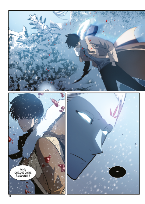 Planche du webtoon Solo Leveling en version française&nbsp;: Jin-woo dans une forêt enneigée face à un adversaire