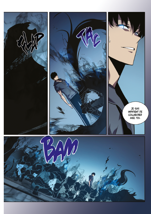 Planche du webtoon Solo Leveling&nbsp;: Jin-woo entouré d’ombres bleues qui surgissent du sol