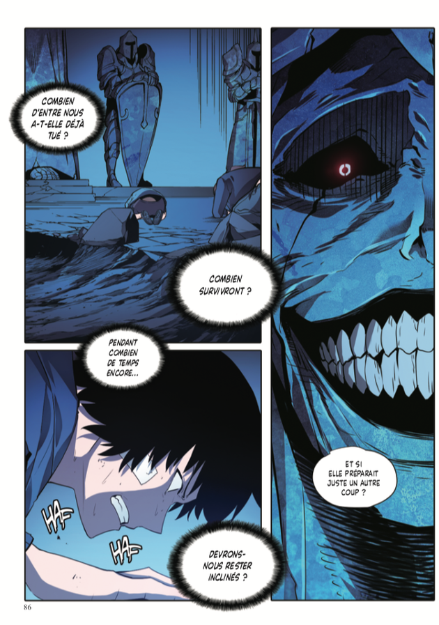 Planche du webtoon Solo Leveling&nbsp;: des chasseurs inclinés devant une statue au sourire inquiétant