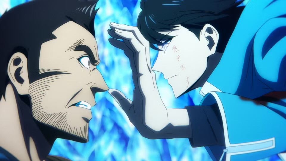 Capture de l’anime Solo Leveling&nbsp;: Jin-woo pose la main sur le visage d’un homme barbu terrifié