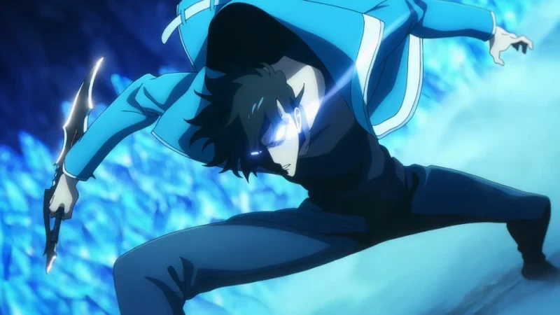 Capture de l’anime Solo Leveling&nbsp;: Jin-woo, yeux brillants, dague à la main, prêt à bondir