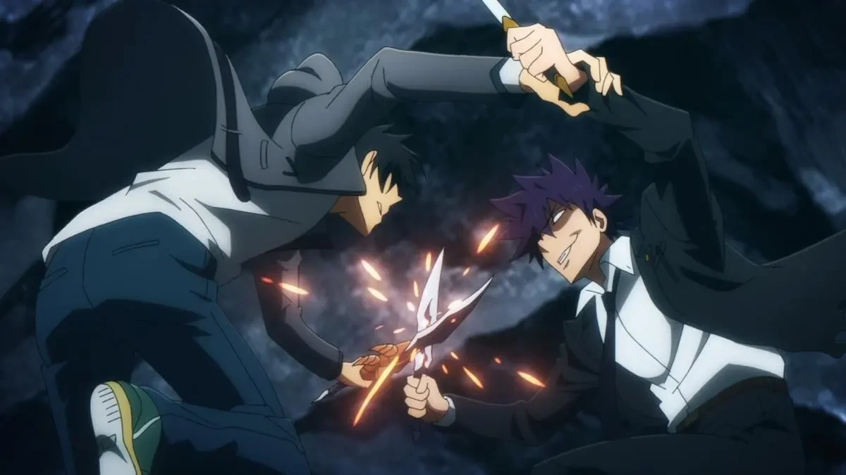 Capture de l’anime Solo Leveling&nbsp;: Jin-woo croise ses dagues avec un adversaire aux cheveux violets