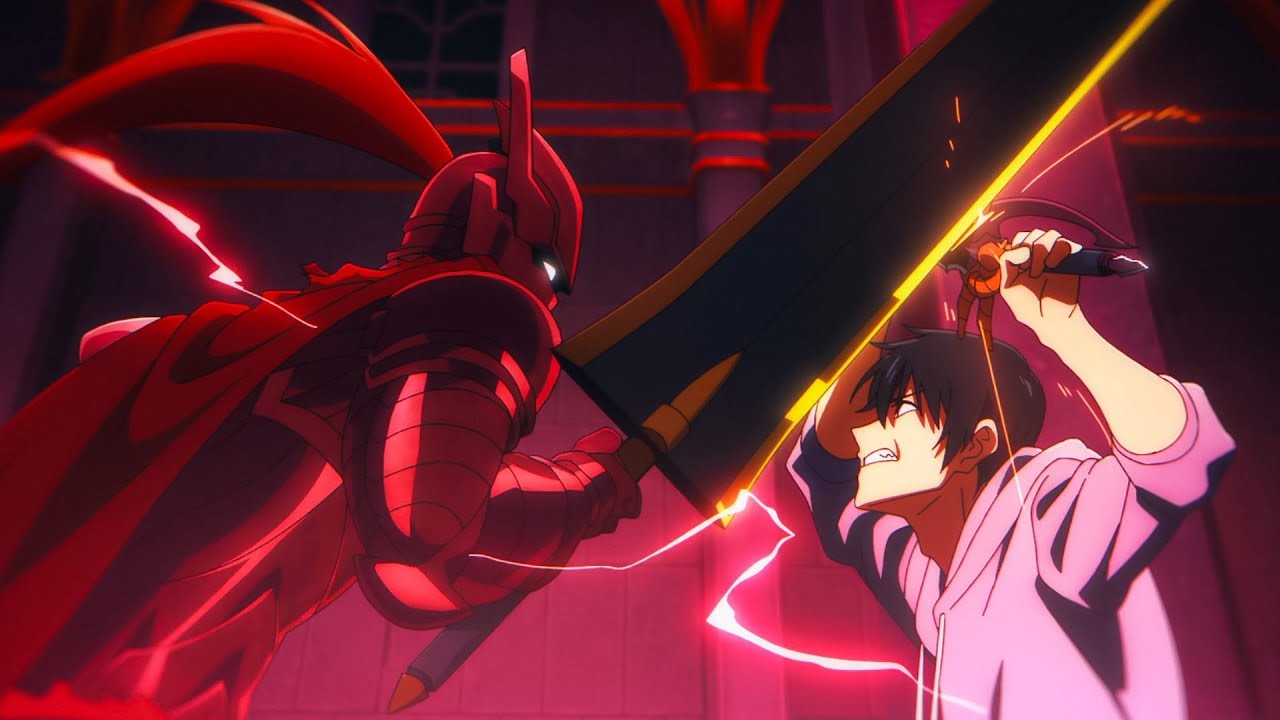 Capture de l’anime Solo Leveling&nbsp;: Jin-woo pare l’épée géante d’un chevalier en armure rouge