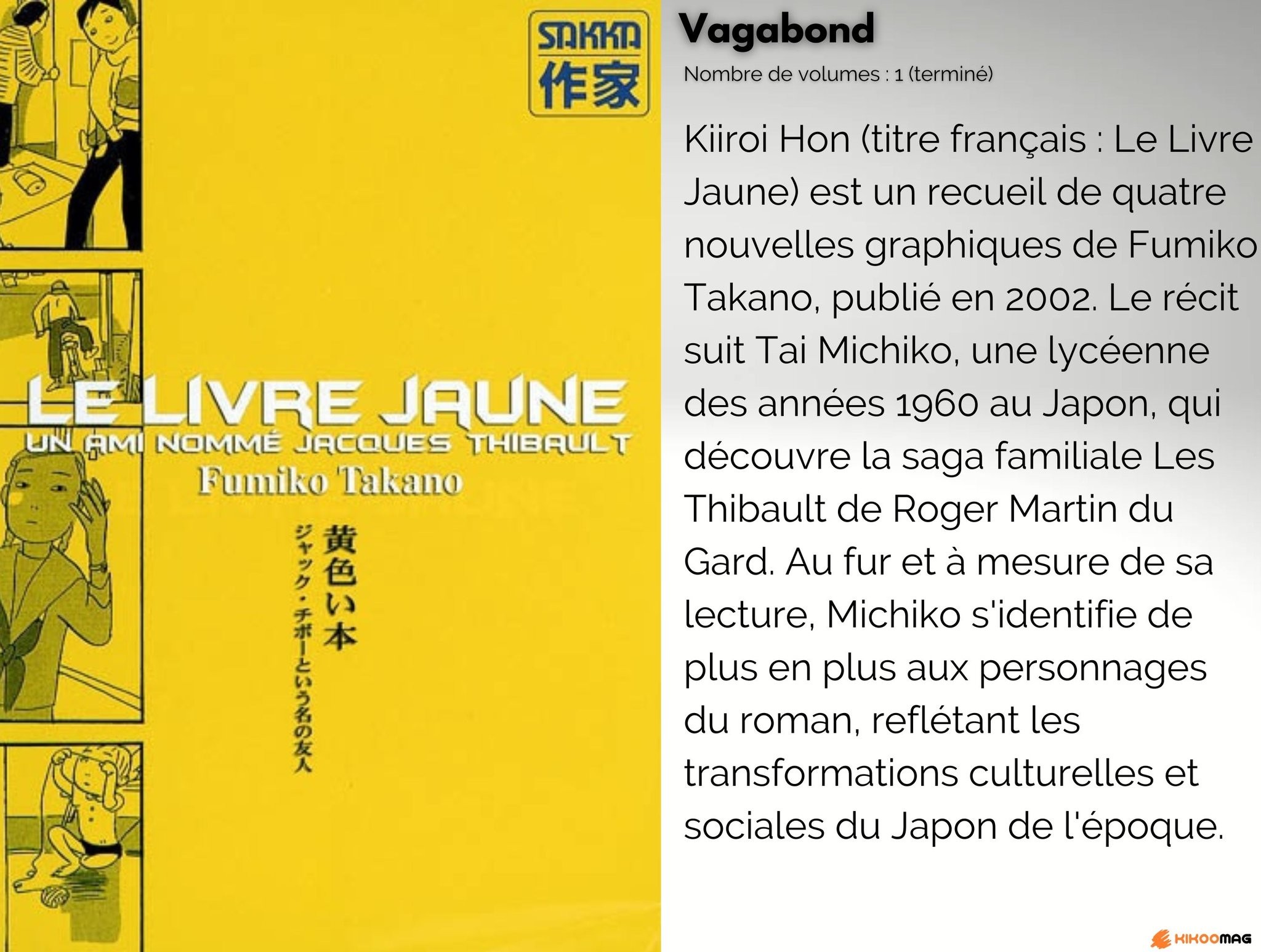 Couverture jaune du Livre jaune de Fumiko Takano, avec sa fiche&nbsp;: 1 volume, terminé, et résumé