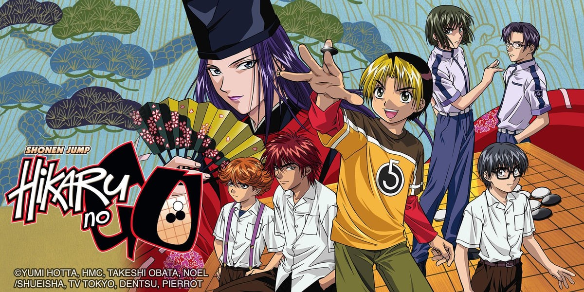 Visuel de l’anime Hikaru no Go&nbsp;: Hikaru, Sai et des joueurs de go autour d’un plateau