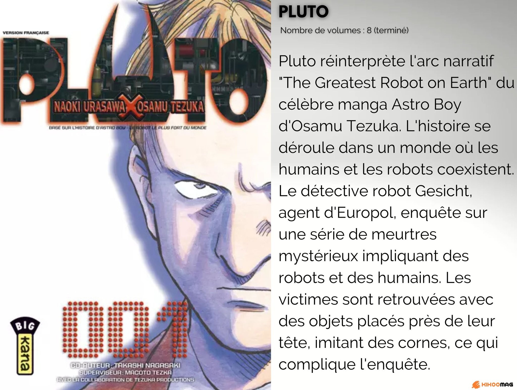 Couverture du tome 1 de Pluto chez Kana, avec sa fiche&nbsp;: 8 volumes, terminé, et résumé