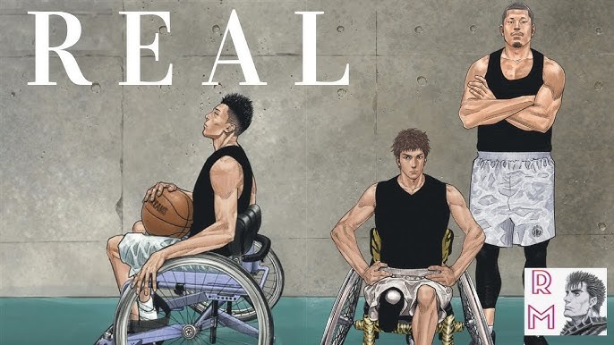 Visuel de Real de Takehiko Inoue&nbsp;: deux joueurs en fauteuil roulant et un basketteur debout