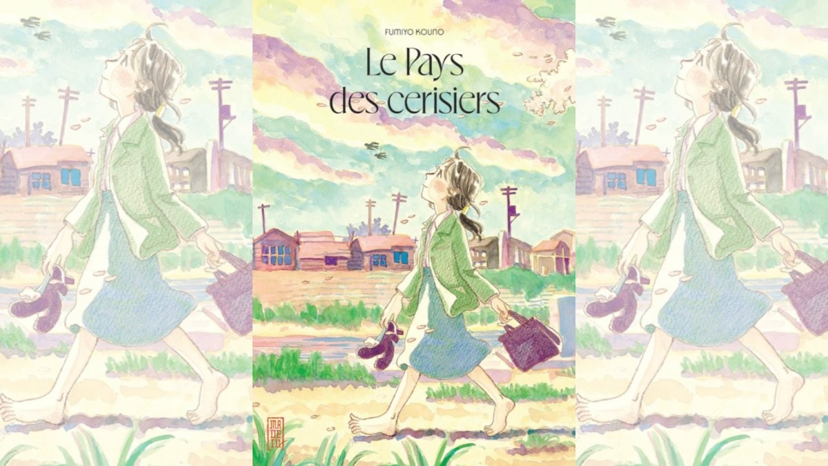 Couverture du Pays des cerisiers de Fumiyo Kōno&nbsp;: une jeune femme marche pieds nus dans un village