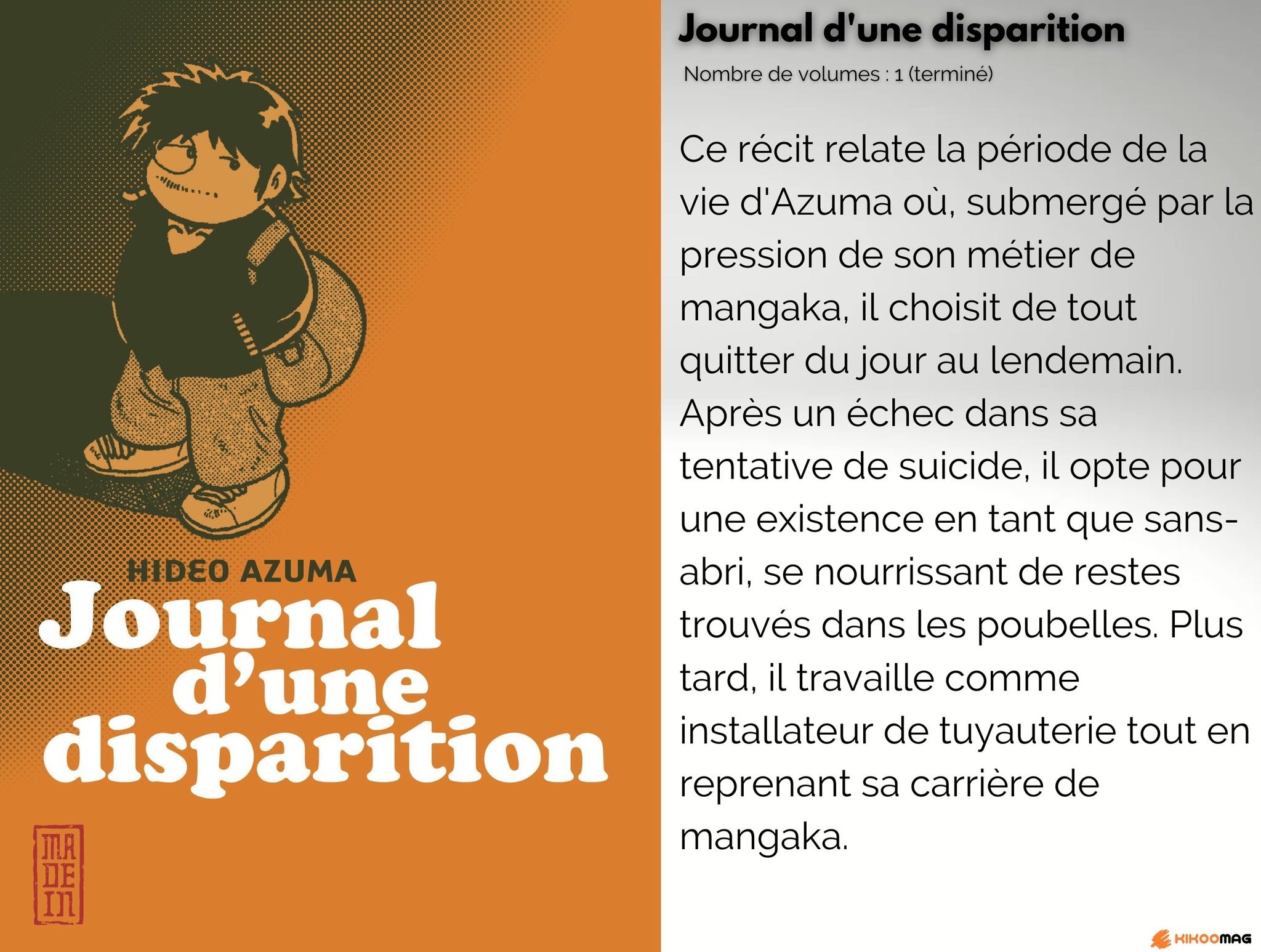 Couverture de Journal d’une disparition de Hideo Azuma, avec sa fiche&nbsp;: 1 volume, terminé, et résumé
