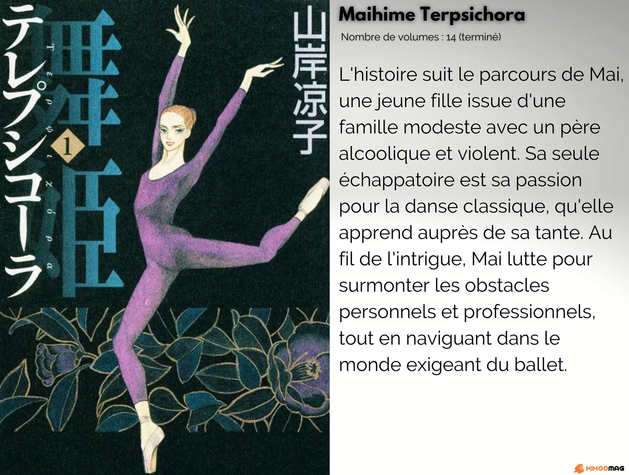 Couverture japonaise du tome 1 de Maihime Terpsichora, avec sa fiche&nbsp;: 14 volumes, terminé, et résumé