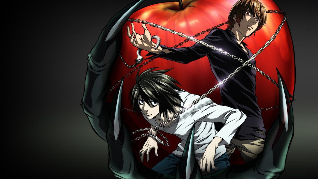 Visuel de l’anime Death Note&nbsp;: Light et L enchaînés devant une pomme rouge