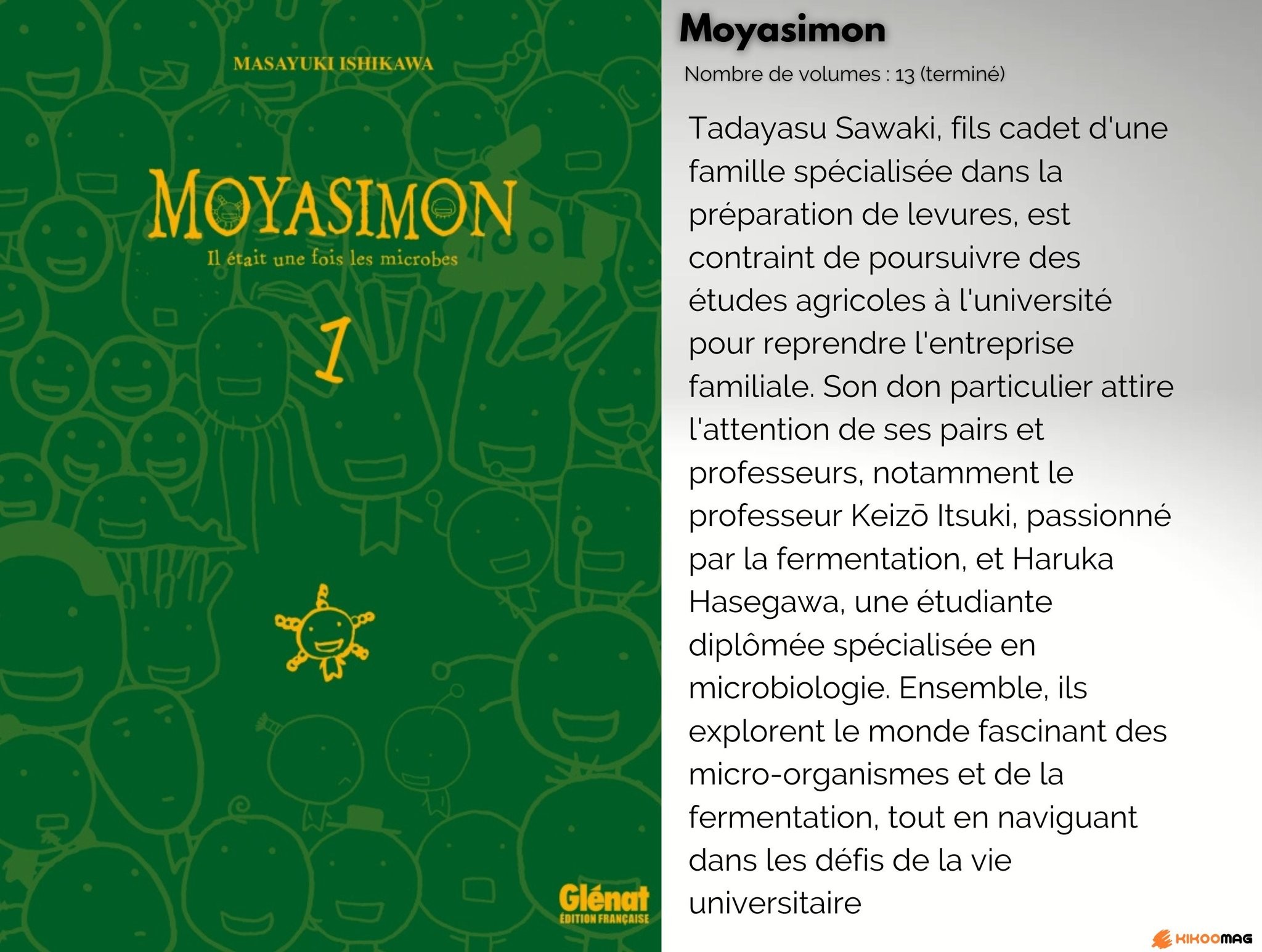 Couverture du tome 1 de Moyasimon chez Glénat, avec sa fiche&nbsp;: 13 volumes, terminé, et résumé