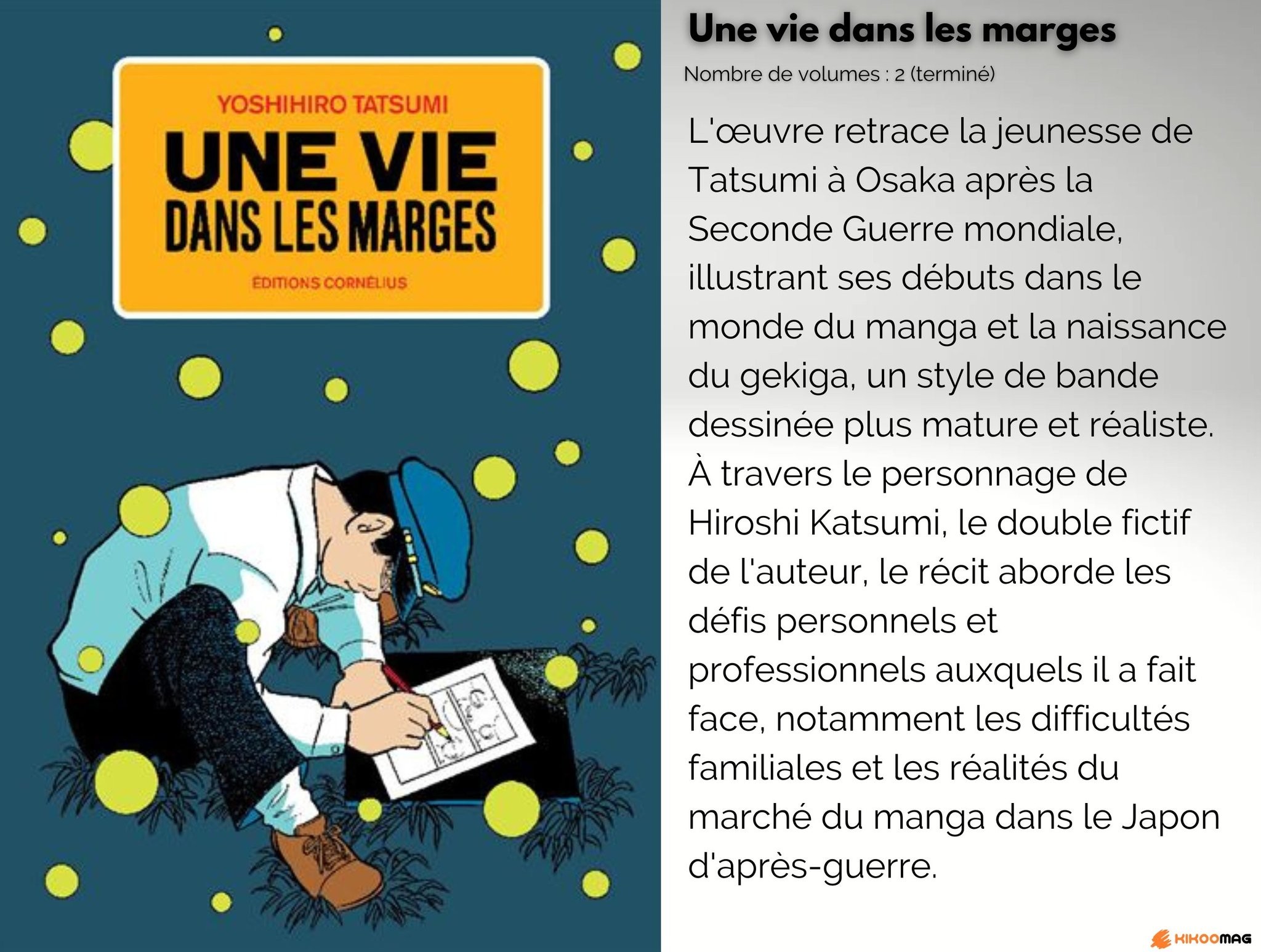 Couverture d’Une vie dans les marges de Yoshihiro Tatsumi, avec sa fiche&nbsp;: 2 volumes, terminé, et résumé