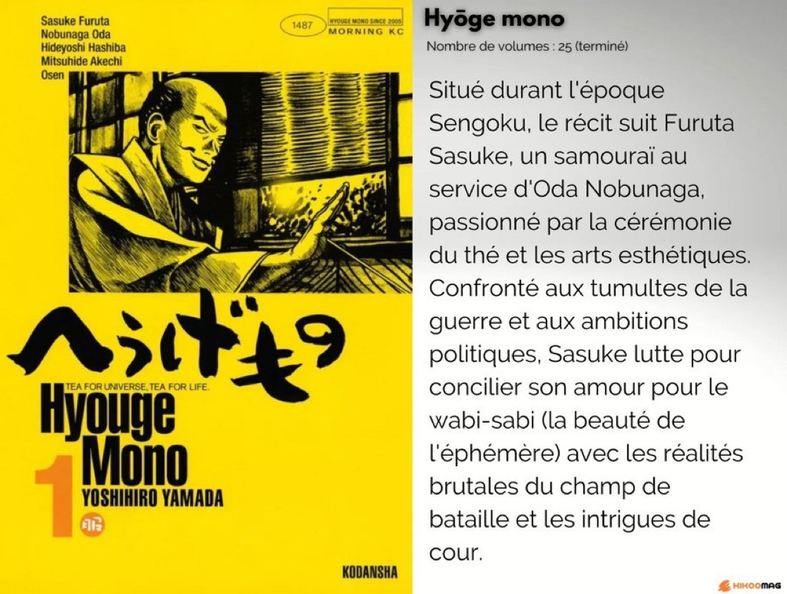 Couverture japonaise du tome 1 de Hyōge mono, avec sa fiche&nbsp;: 25 volumes, terminé, et résumé