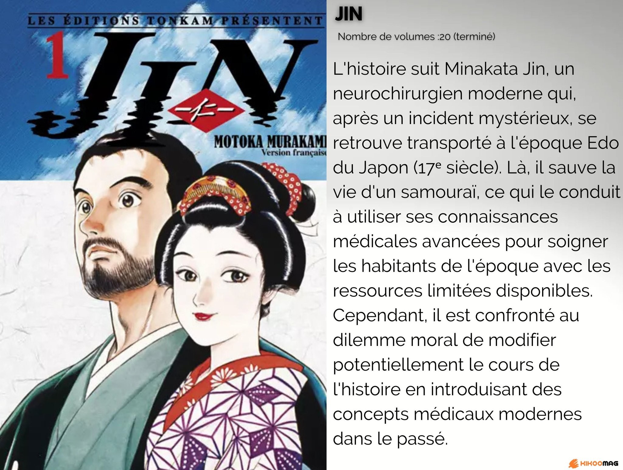 Couverture du tome 1 de Jin de Motoka Murakami chez Tonkam, avec sa fiche&nbsp;: 20 volumes, terminé, et résumé