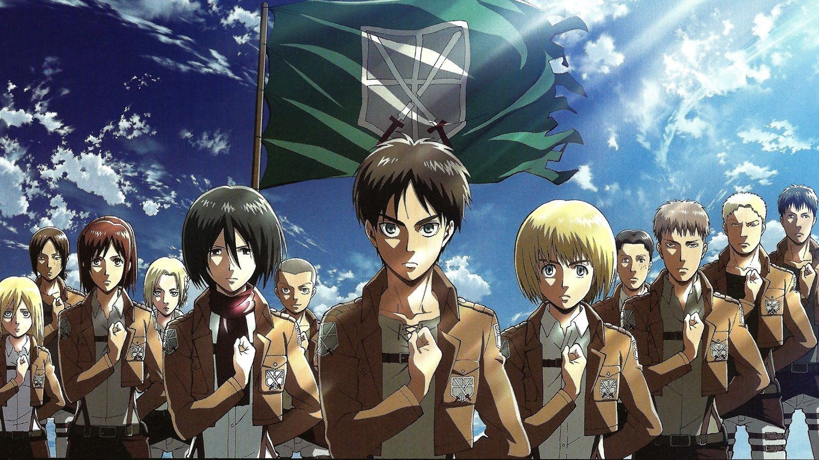 Visuel de l’anime L’Attaque des Titans&nbsp;: Eren, Mikasa, Armin et les recrues, poing sur le cœur