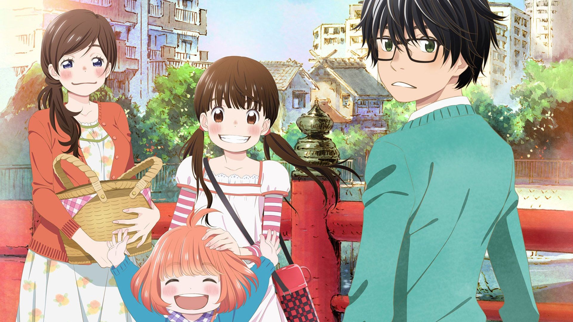 Visuel de l’anime March Comes in like a Lion&nbsp;: Rei Kiriyama et les trois sœurs Kawamoto sur un pont