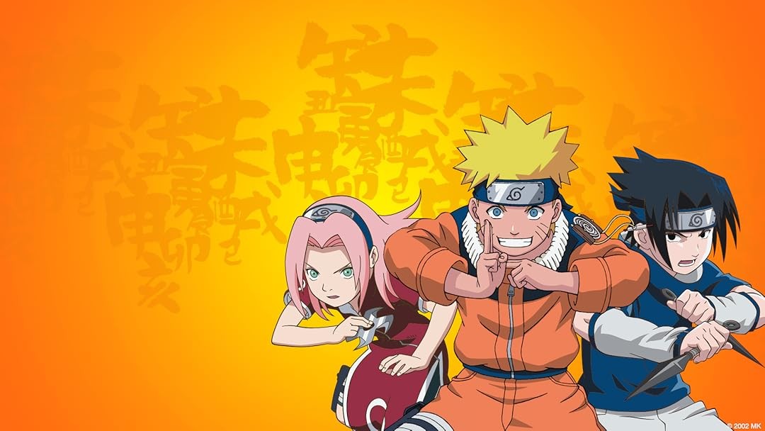 Visuel de l’anime Naruto&nbsp;: Sakura, Naruto et Sasuke en garde sur fond orange