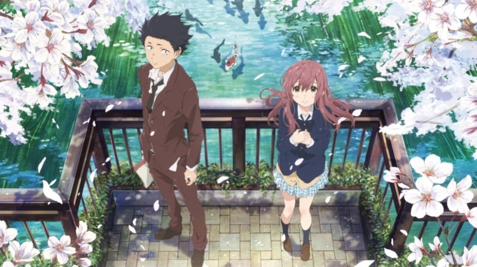 Visuel du film A Silent Voice&nbsp;: Shōya et Shōko sur un pont, sous les cerisiers en fleurs