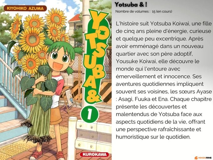 Couverture du tome 1 de Yotsuba&! chez Kurokawa, avec sa fiche&nbsp;: 15 volumes, en cours, et résumé