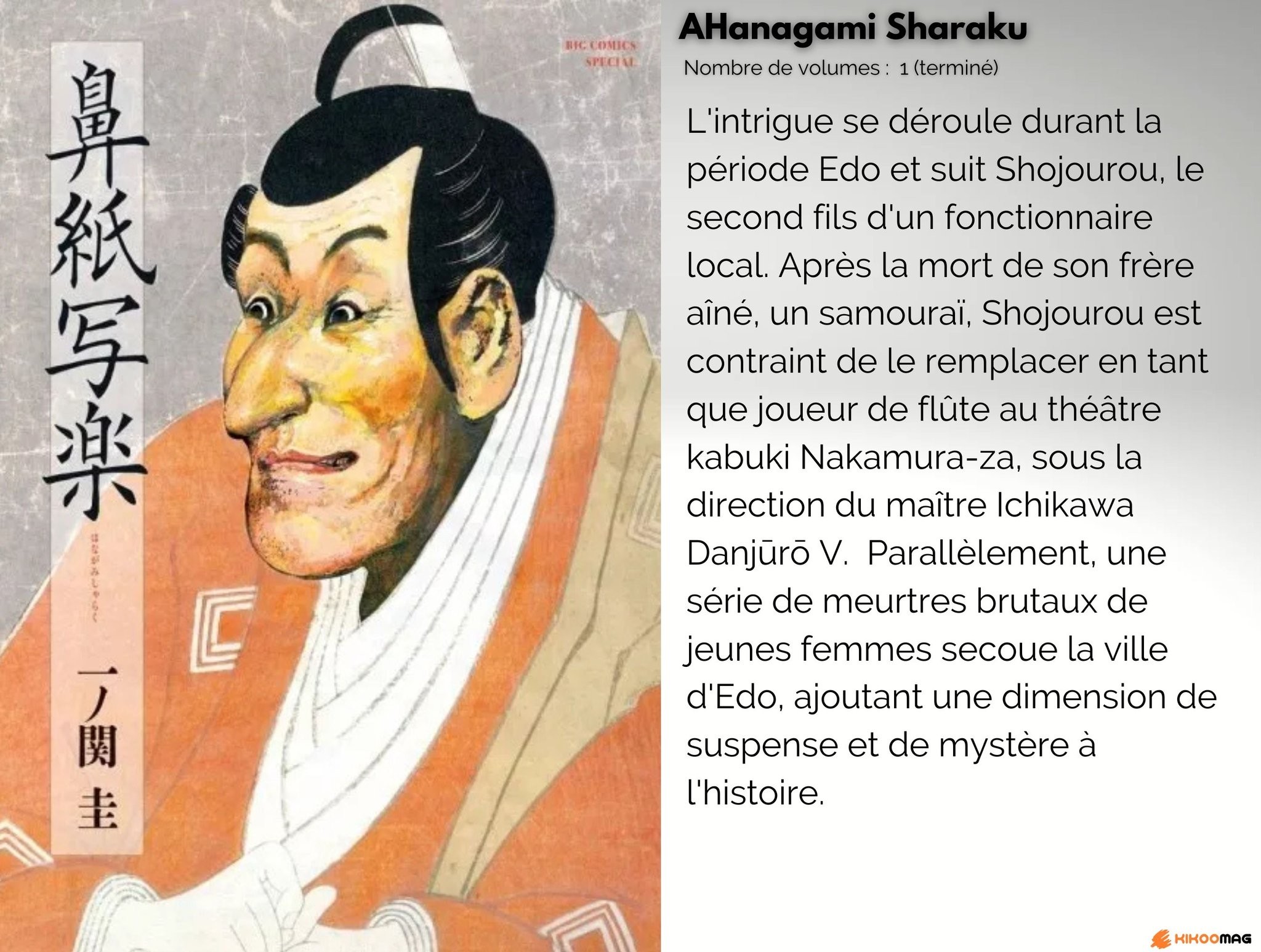 Couverture japonaise d’Hanagami Sharaku&nbsp;: un acteur de kabuki en kimono orange, avec sa fiche et son résumé